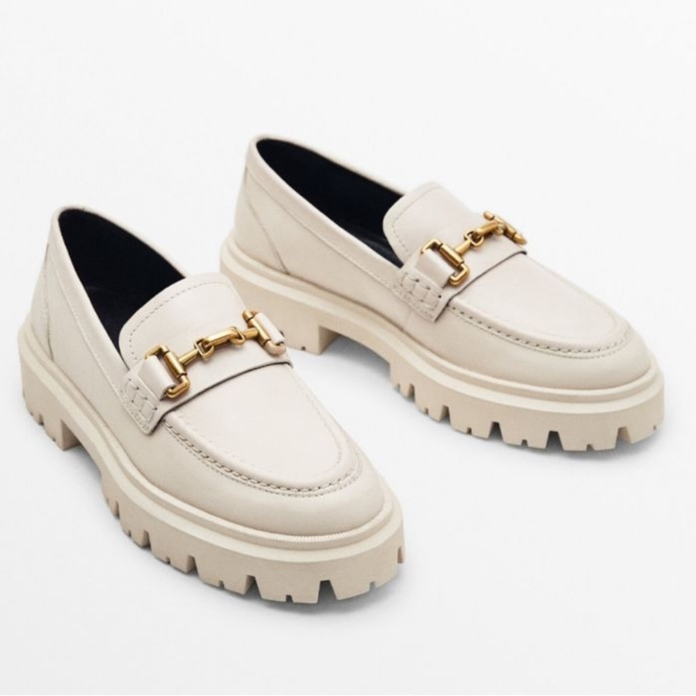 Massimo Dutti Log Sole Chunky Loafers in Cream Leather, US 10